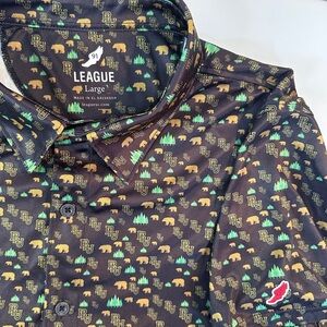 League 91 PLU Bear Trees Golf Button Down Activewear Collared Short Sleeve Shirt